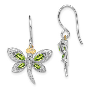 Sterling Silver/14k RH-plated Peridot/Diamond Dragonfly Earrings