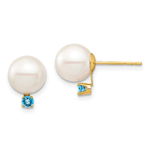 14k 8-8.5mm White Round Freshwater Cultured Pearl and .18BT Swiss Blue Topaz Post Earrings