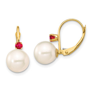 14k 8-8.5mm White Round Freshwater Cultured Pearl and .18RU Ruby Leverback Earrings