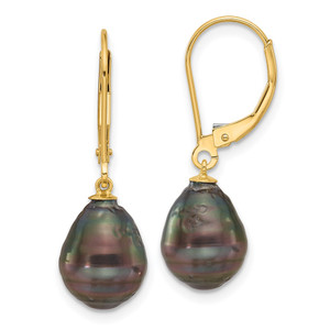 14k 8-9mm Black Teardrop Tahitian Saltwater Cultured Pearl Leverback Dangle Earrings