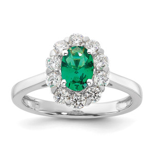 10k White Gold 5/8 carat Lab Grown Diamond VS/SI+ G+ and Oval Lab Created Emerald Halo Fashion Ring