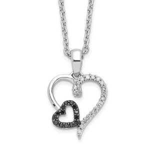 White Night Sterling Silver Rhodium-plated Black and White Diamond Double Heart 18 Inch Necklace with 2 Inch Extender - QP-1DCD4A8E-2886
