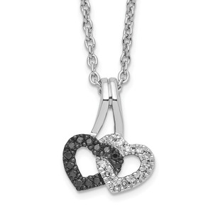White Night Sterling Silver Rhodium-plated Black and White Diamond Double Heart 18 Inch Necklace with 2 Inch Extender - QP-97EDA803-7987
