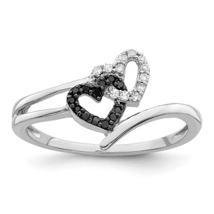 White Night Sterling Silver Rhodium-plated Black and White Diamond Double Heart Ring - QR-3D71D6FF-1575