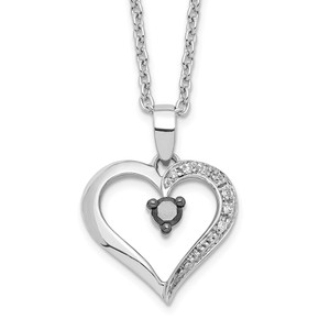 White Night Sterling Silver Rhodium-plated Black and White Diamond Heart 18 Inch Necklace with 2 Inch Extender - QP-851FB205-5675