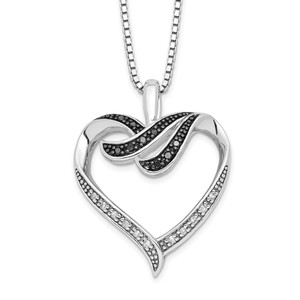 White Night Sterling Silver Rhodium-plated Black and White Diamond Heart 18 Inch Necklace with 2 Inch Extender - QP-CE01917E-7599