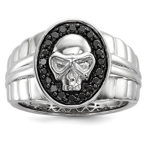 White Night Sterling Silver Rhodium-plated Black Diamond Oval Skull Men's Ring - QR-0913E841-5035
