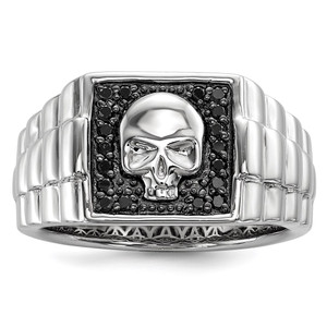 White Night Sterling Silver Rhodium-plated Black Diamond Square Skull Men's Ring - QR-8D80223A-4991
