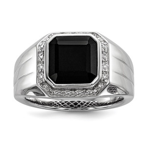 White Night Sterling Silver Rhodium-plated Diamond and Black Onyx Square Men's Ring - QR-A89A99BE-3551