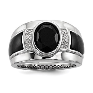 White Night Sterling Silver Rhodium-plated Diamond and Onyx Men's Ring - QR-0647CB3D-7000