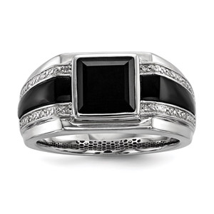 White Night Sterling Silver Rhodium-plated Diamond and Onyx Men's Ring - QR-3D3A6B62-6588