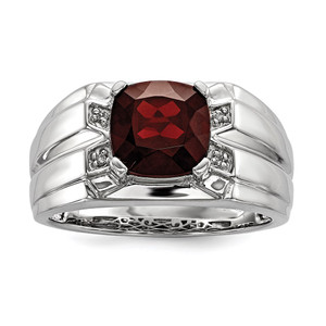 White Night Sterling Silver Rhodium-plated Garnet and Diamond Square Men's Ring - QR-188383B8-6296