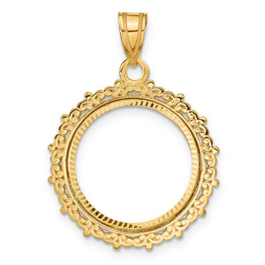 Wideband Distinguished Coin Jewelry 14k Polished and Diamond-cut Fancy 16.5mm Prong Coin Bezel Pendant - C8-86DB3E95-6829