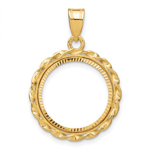 Wideband Distinguished Coin Jewelry 14k Polished Diamond-cut and Wide Twisted Wire 16.5mm Prong Coin Bezel Pendant
