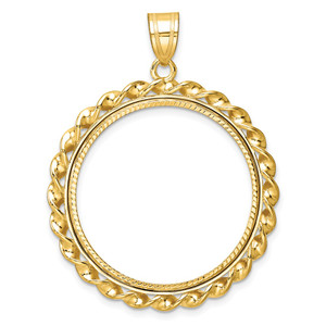 Wideband Distinguished Coin Jewelry 14k Polished Diamond-cut and Wide Twisted Wire 27.0mm Prong Coin Bezel Pendant