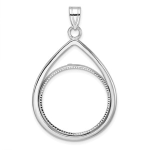 Wideband Distinguished Coin Jewelry 14k White Gold Polished and Diamond-cut Teardrop 22.0mm Prong Coin Bezel Pendant