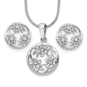 Sterling Silver Rhodium-Plated Floral Necklace and Earring Set with central Diamonds
