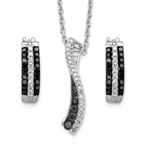 Sterling Silver Rhodium-Plated Black and White Diamond Wave Necklace and Earrings Set Sterling Silver Rhodium-Plated Black and White Diamond Wave Necklace and Earrings Set