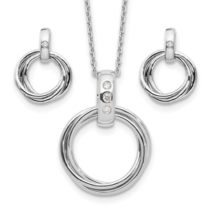 odern necklace and earring set crafted in sterling silver with rhodium plating, featuring an elegant three-ring design accented with sparkling diamonds.