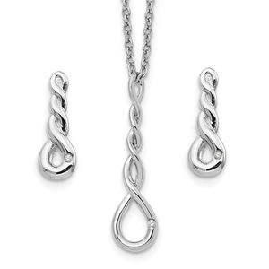 Elegant necklace and earring set crafted in sterling silver with rhodium plating, featuring a graceful twisted design accented with sparkling diamonds.