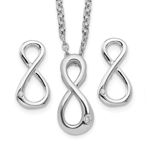 Elegant sterling silver rhodium-plated set featuring the timeless infinity symbol, accented with sparkling diamonds.