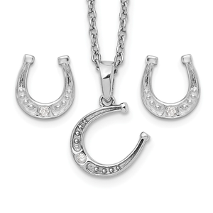 Charming sterling silver rhodium-plated set featuring diamond-accented horseshoes, a timeless symbol of luck and style.