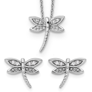 Charming sterling silver rhodium-plated set featuring delicate dragonfly designs accented with sparkling diamonds.