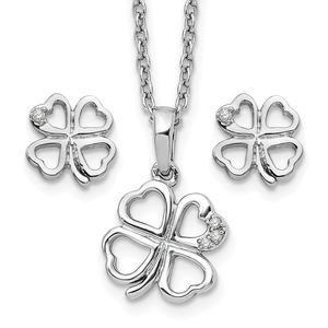 Charming sterling silver rhodium-plated set featuring an openwork four-leaf clover design accented with sparkling diamonds.