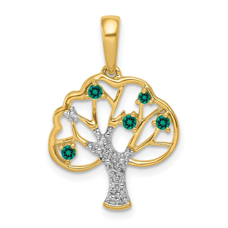 14k Created Emerald and Diamond Polished Tree Pendant