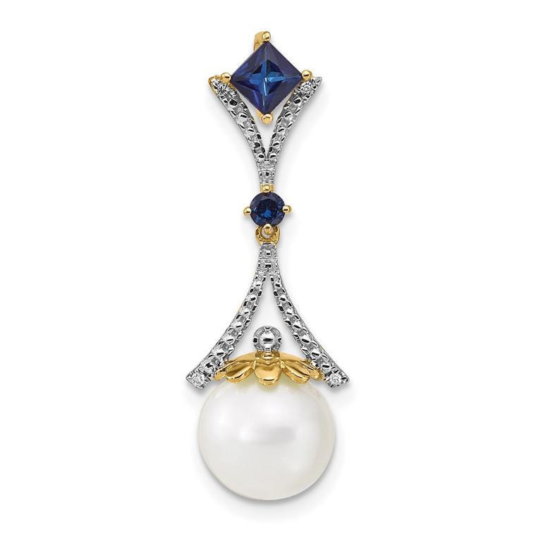 14k Diamond 8-9mm Round FWC Pearl/Created Sapphire Chain Slide
