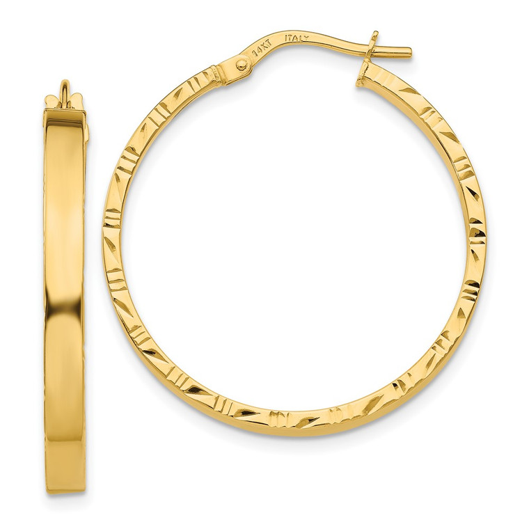14K Diamond Cut Edge Large 3mm Polished Hoop Earrings