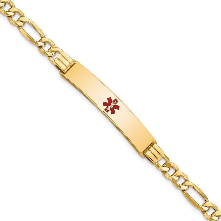14K Medical Semi-Solid Chain/Solid Plate 38x9mm Centered Red Enamel Figaro Link 8 inch ID Bracelet