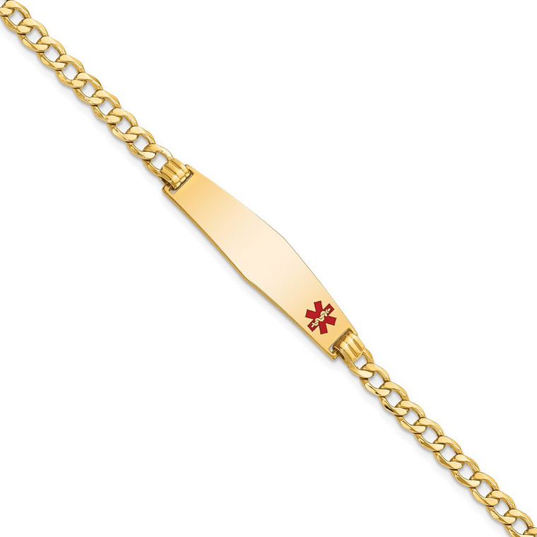 14K Medical Semi-Solid Chain/Solid Plate Soft Diamond Shape 34x8mm Off-Center Red Enamel Curb Link 7 inch ID Bracelet