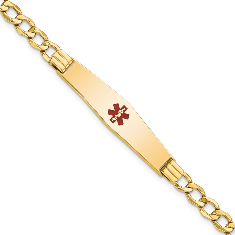 14K Medical Semi-Solid Chain/Solid Plate Soft Diamond Shape 37x9mm Centered Red Enamel Curb Link 8 inch ID Bracelet