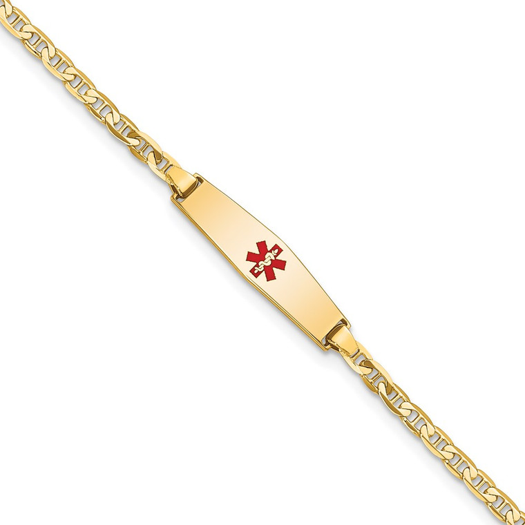 14k Medical Solid Chain/Solid Plate 20x5mm Soft Diamond Shape Centered Red Enamel Flat Anchor Link 6 inch Baby/Child ID Bracelet