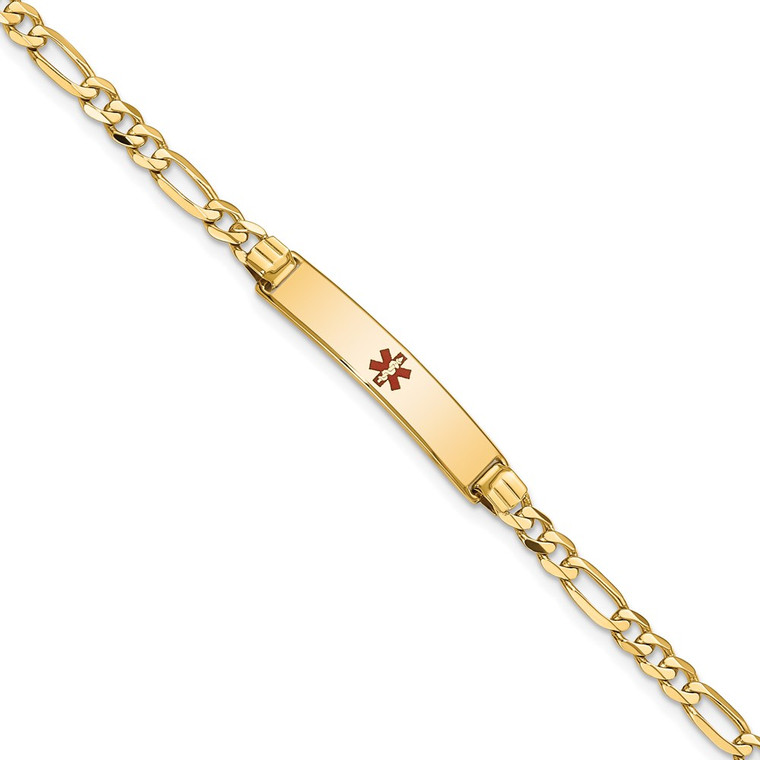 14K Medical Solid Chain/Solid Plate 26x5mm Centered Red Enamel Figaro Link 8 inch ID Bracelet - XM-679BFFD7-6752