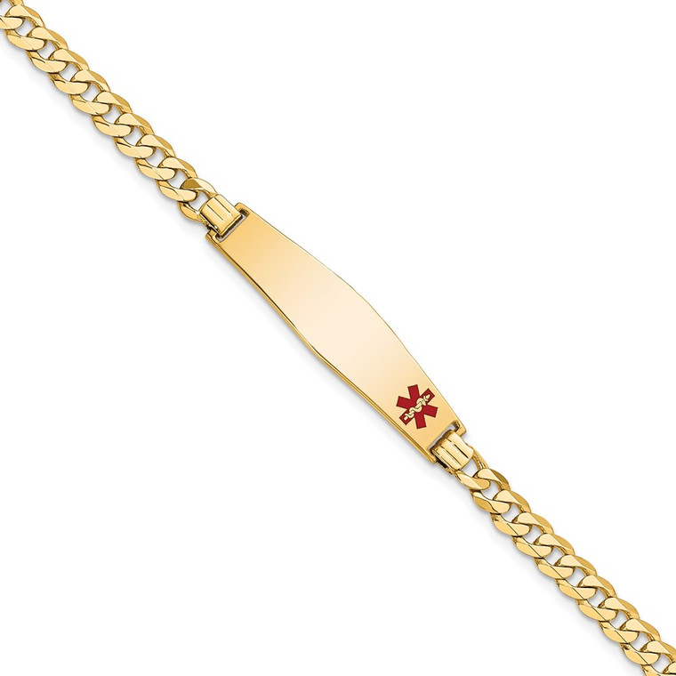 14K Medical Solid Chain/Solid Plate Soft Diamond Shape 33x8mm Off-Center Red Enamel Flat Curb Link 7 inch ID Bracelet