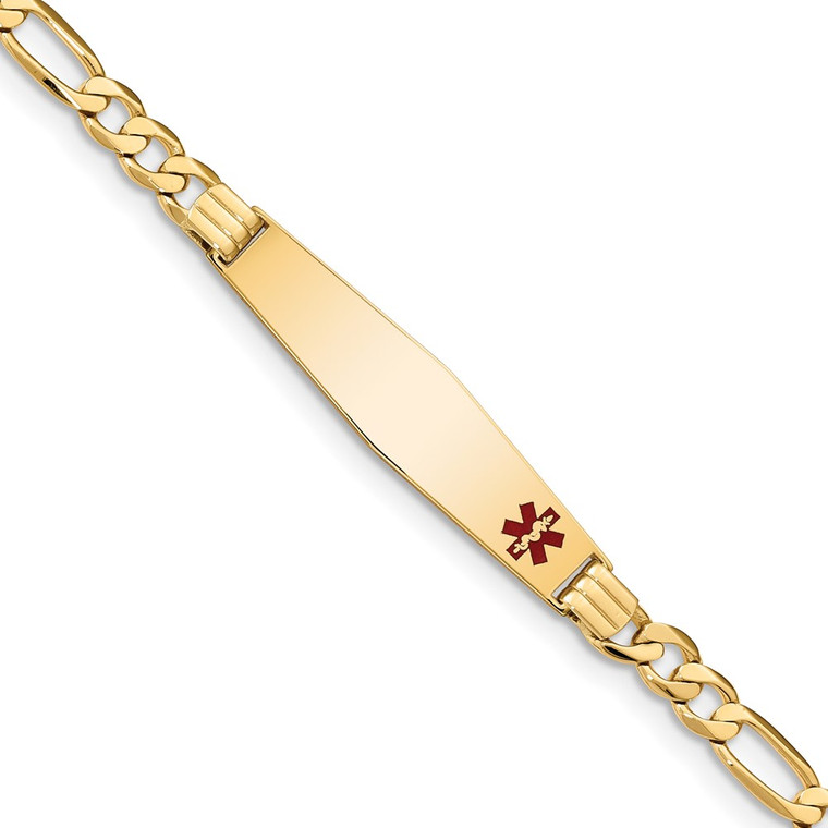 14K Medical Solid Chain/Solid Plate Soft Diamond Shape 36x9mm Off-Center Red Enamel Flat Figaro Link 8 inch ID Bracelet