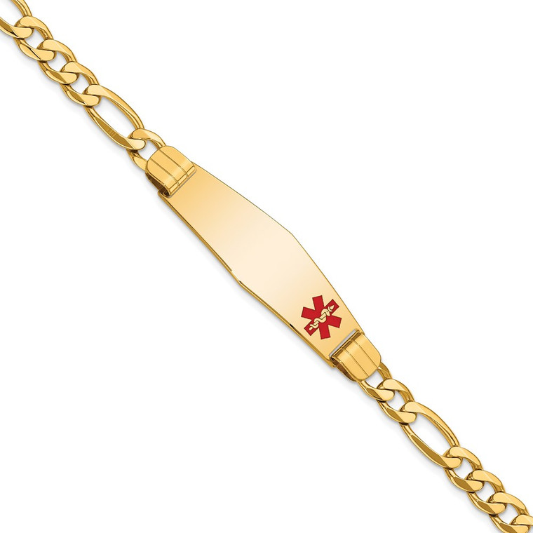 14K Medical Solid Chain/Solid Plate Soft Diamond Shape 39x12mm Off-Center Red Enamel Flat Figaro Link 8 inch ID Bracelet