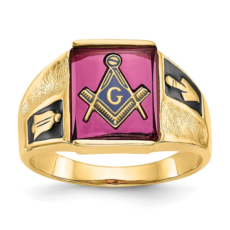 14k Men's Polished and Textured with Black Enamel and Lab Created Ruby Masonic Ring - Y4-7CDBC252-6152
