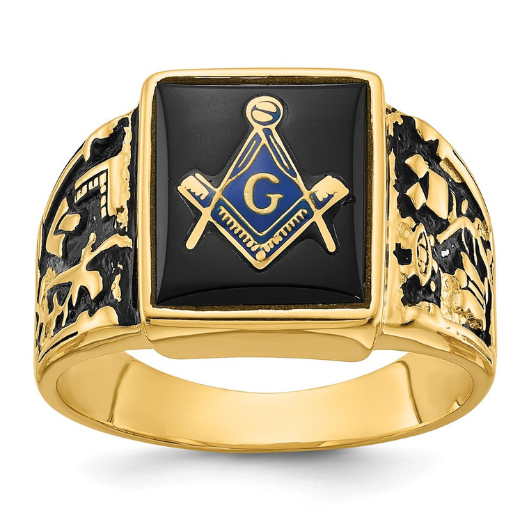 14k Men's Polished and Textured with Black Enamel and Onyx Masonic Ring - Y4-15B814F4-5862