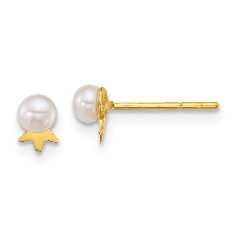 14k Polished 3-4mm Round White Freshwater Cultured Pearl with Crown Post Earrings