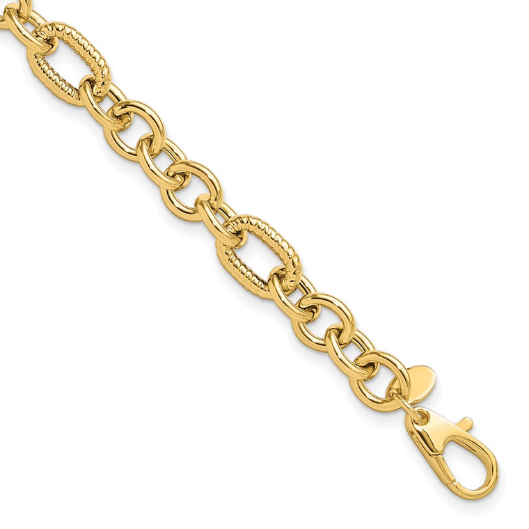 14K Polished and Textured 6.4mm Fancy Link 7.5 inch Bracelet