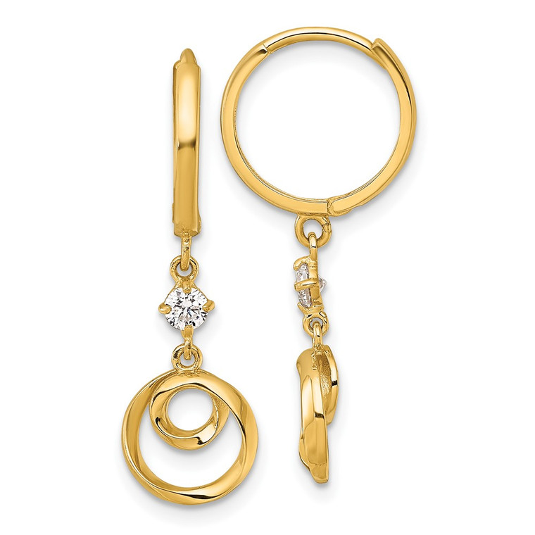 14k Polished and Twisted Dangling Circle and CZ Round Hinged Hoop Earrings