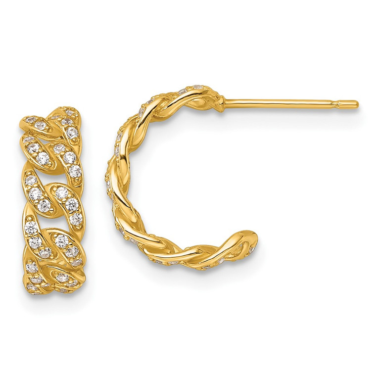 14k Polished CZ Curb Link C-Hoop Post Earrings