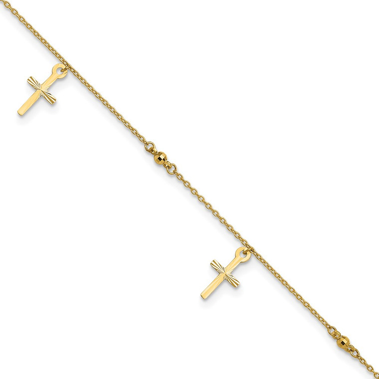 14k Polished Diamond-cut 3 Cross Dangles and Beads 9 inch Anklet Plus 1 inch Extender