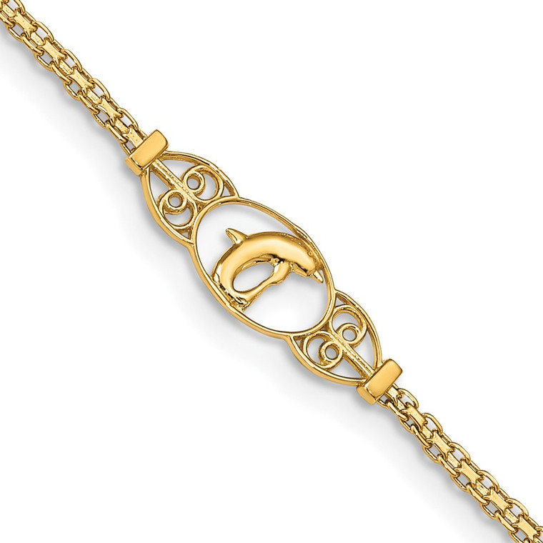 14k Polished Dolphin and Filigree Bismark Chain 9 inch Anklet