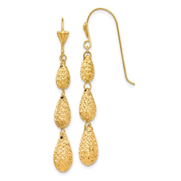 14k Puff Diamond-cut Teardrop Dangle Earrings