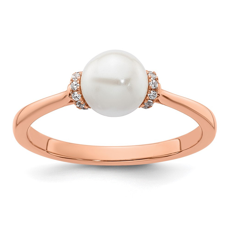 14K Rose Gold Polished 1/15 carat Diamond and White Freshwater Cultured Pearl Size 7 Ring