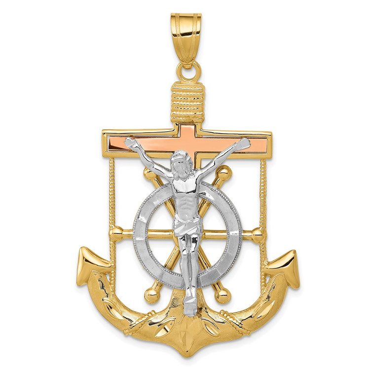 14k Tri-color Diamond-cut w/Textured Mariner's Cross Pendant - C3-DF14CA7A-8294